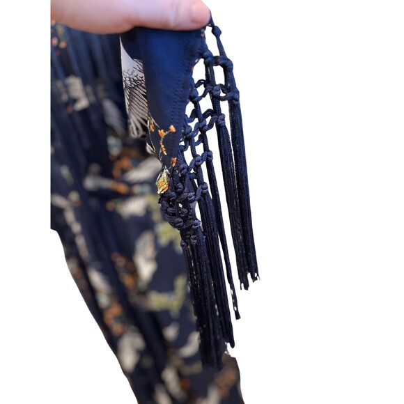 Jennafer Grace Kimono Robe Designer Handmade Blue Cranes Floral Fringe Boho S M - Picture 15 of 15